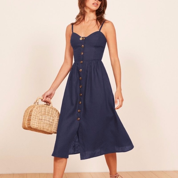 Reformation Dresses & Skirts - Navy Blue REFORMATION 'Thelma' Midi Linen Dress